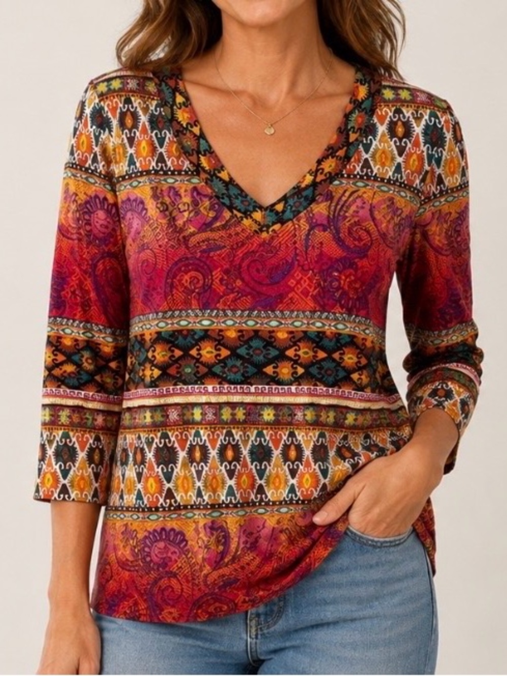 Women's V-Neck Boho Paisley Top in Multi-Color